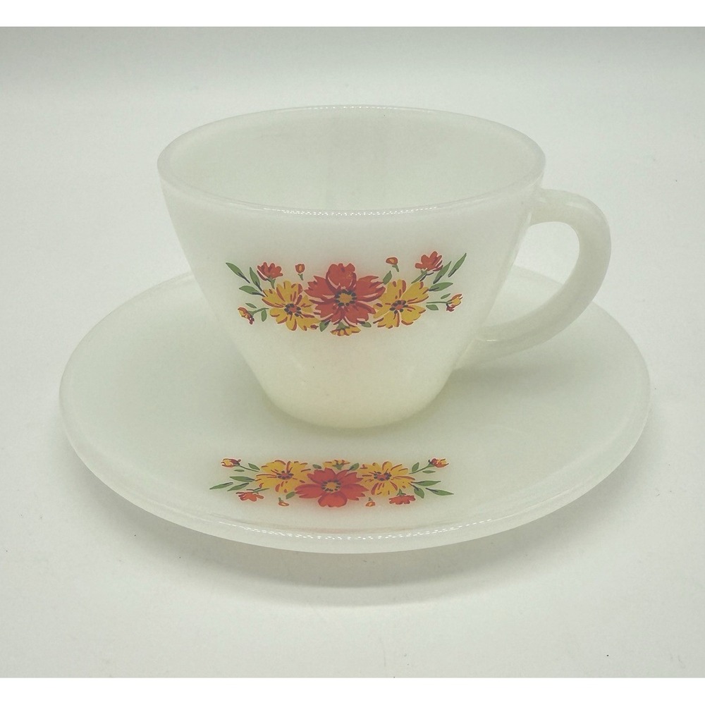 VTG Fire King Milk Glass Cup And Saucer Yellow Orange Flower Anchor Hocking